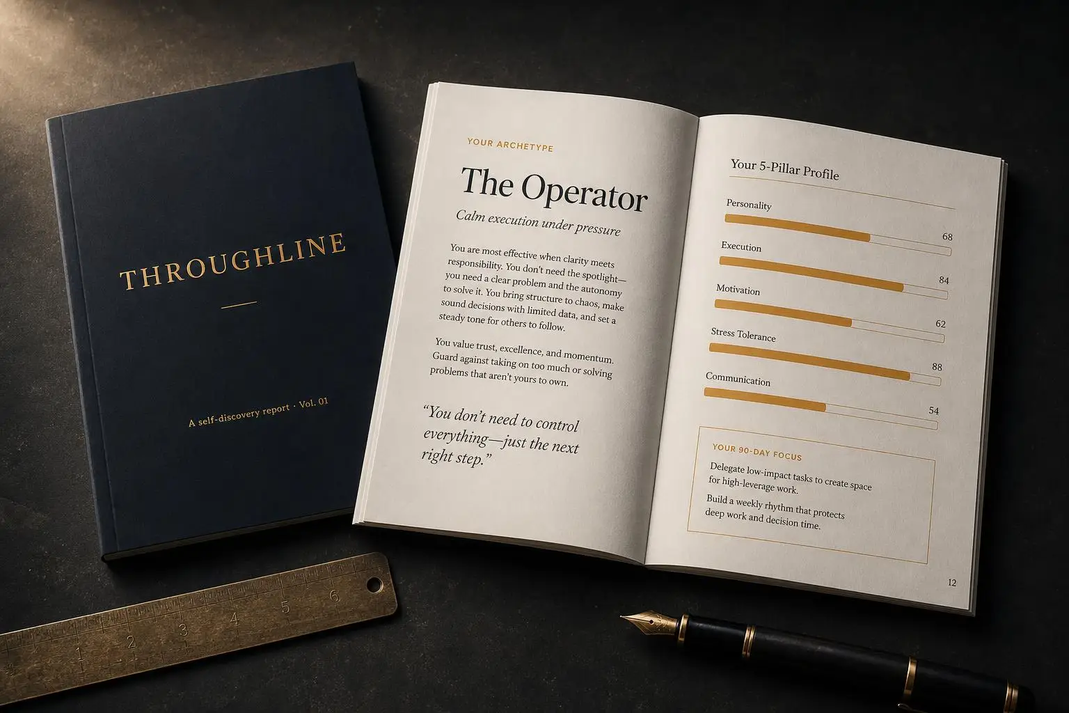 Throughline self-discovery report shown as a printed booklet, closed cover beside an open spread showing The Operator archetype and a five-pillar profile with amber score bars.